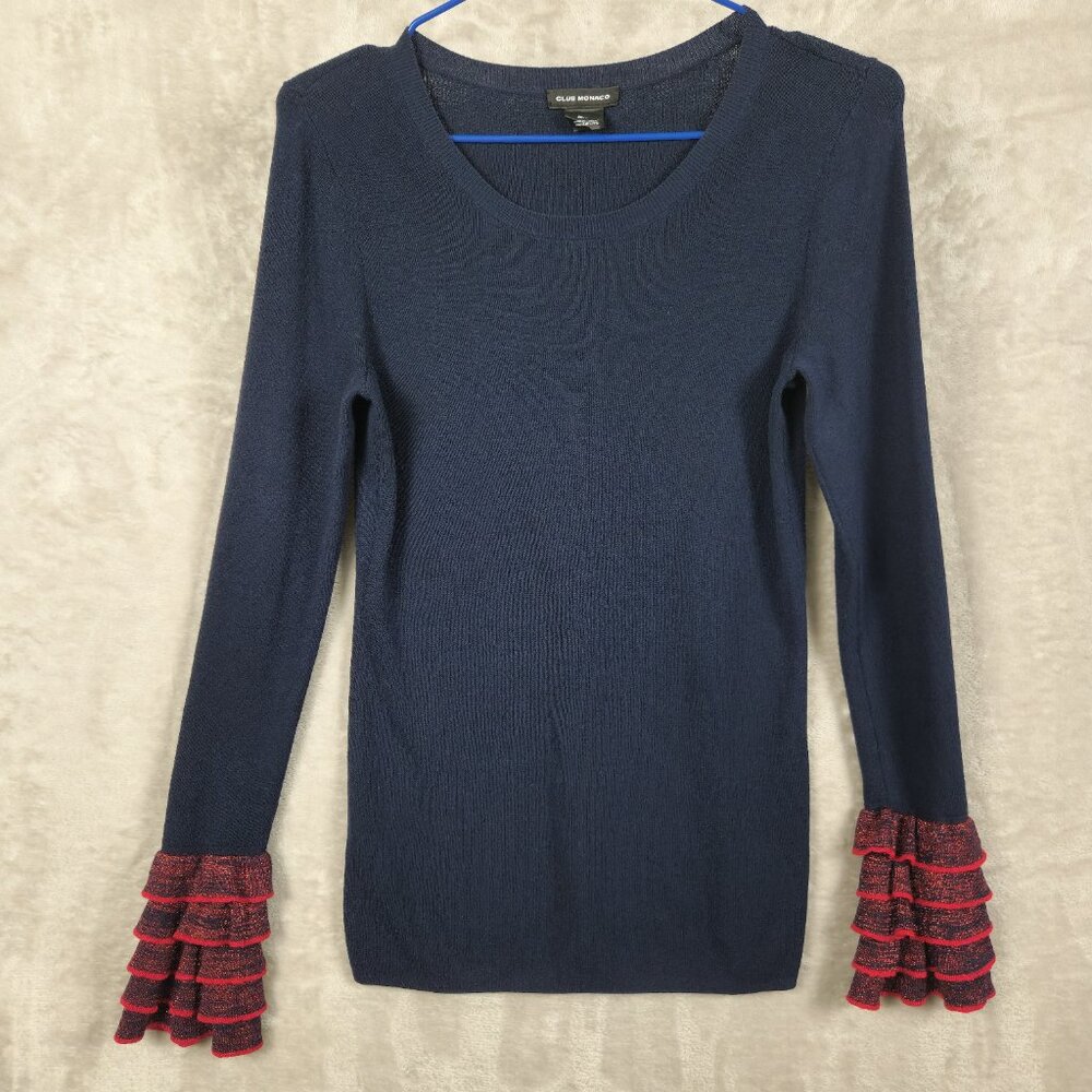 Club Monaco Sweater Navy Blue with Metallic‎ Ruffles Sleeve Womens Size M